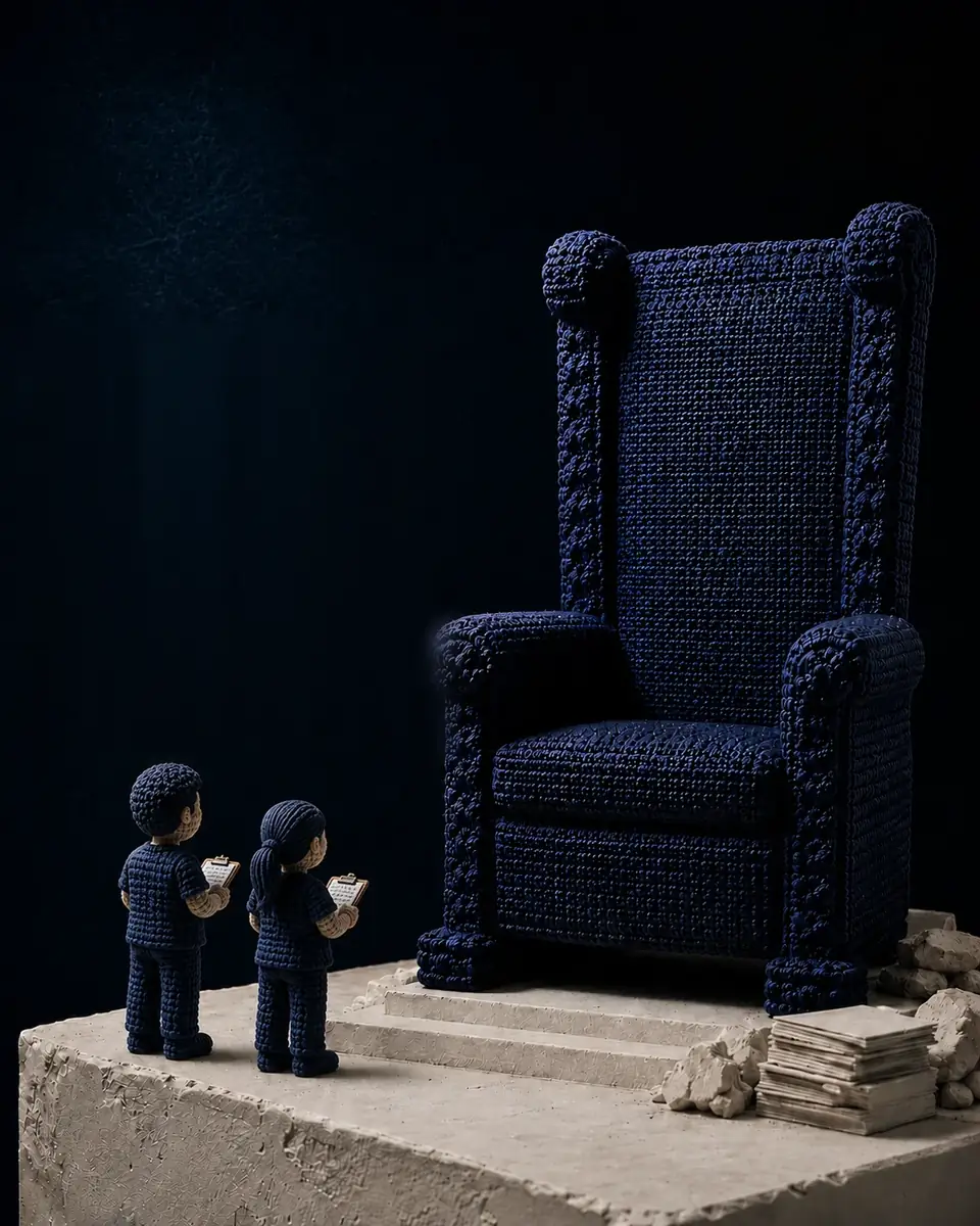 Cadeira monumental de crochê azul sobre um pedestal de gesso, observada por dois médicos em miniatura