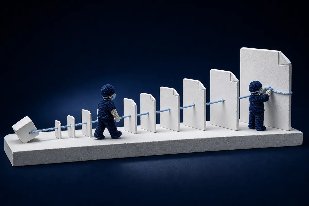 Diorama em miniatura: documentos de gesso em fila ligados por um fio de crochê azul, com dois médicos de crochê prendendo o fio ao último documento