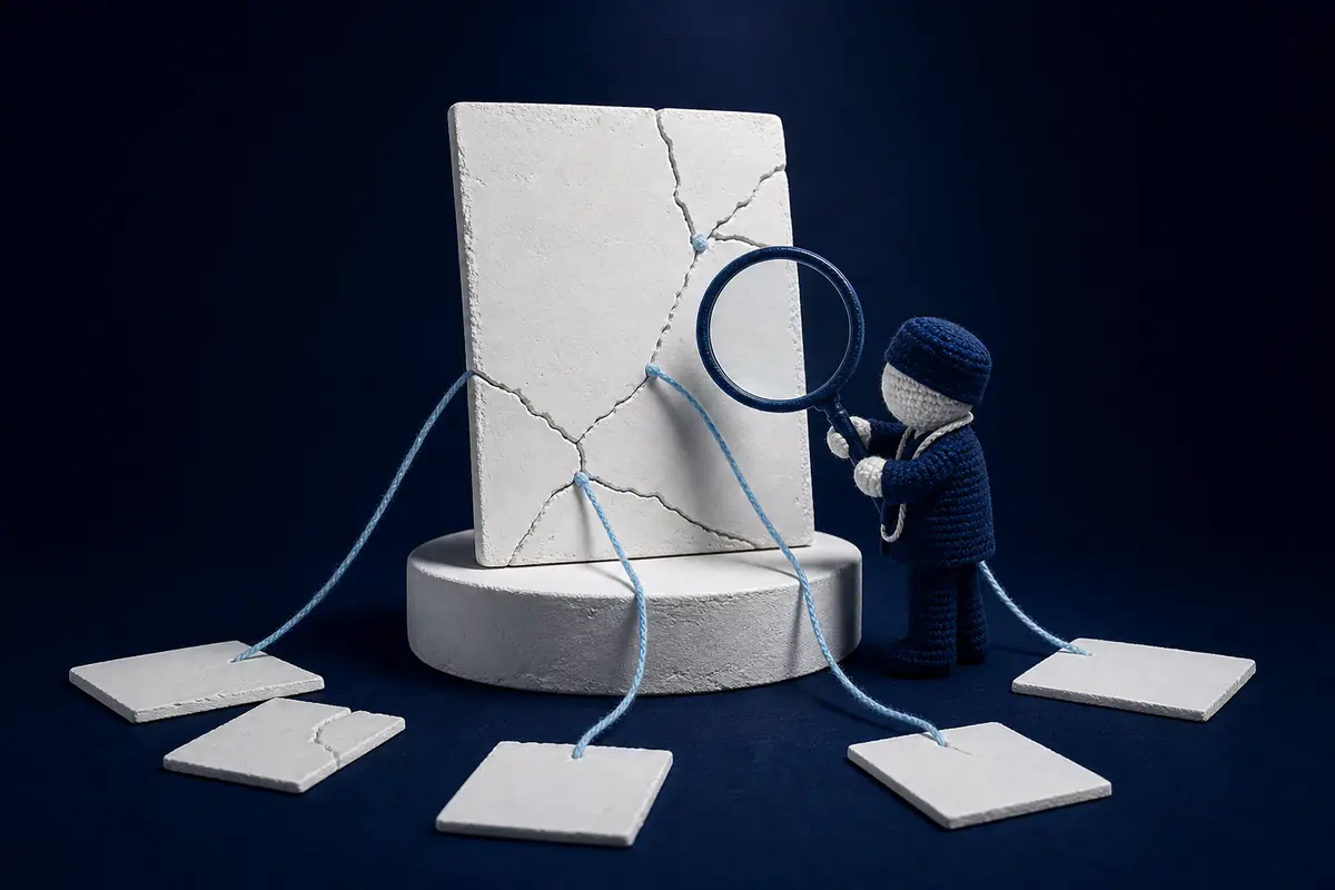 Diorama em miniatura: documento de gesso rachado examinado por um médico de crochê com lupa, com fios azuis ligando as rachaduras a exames no chão