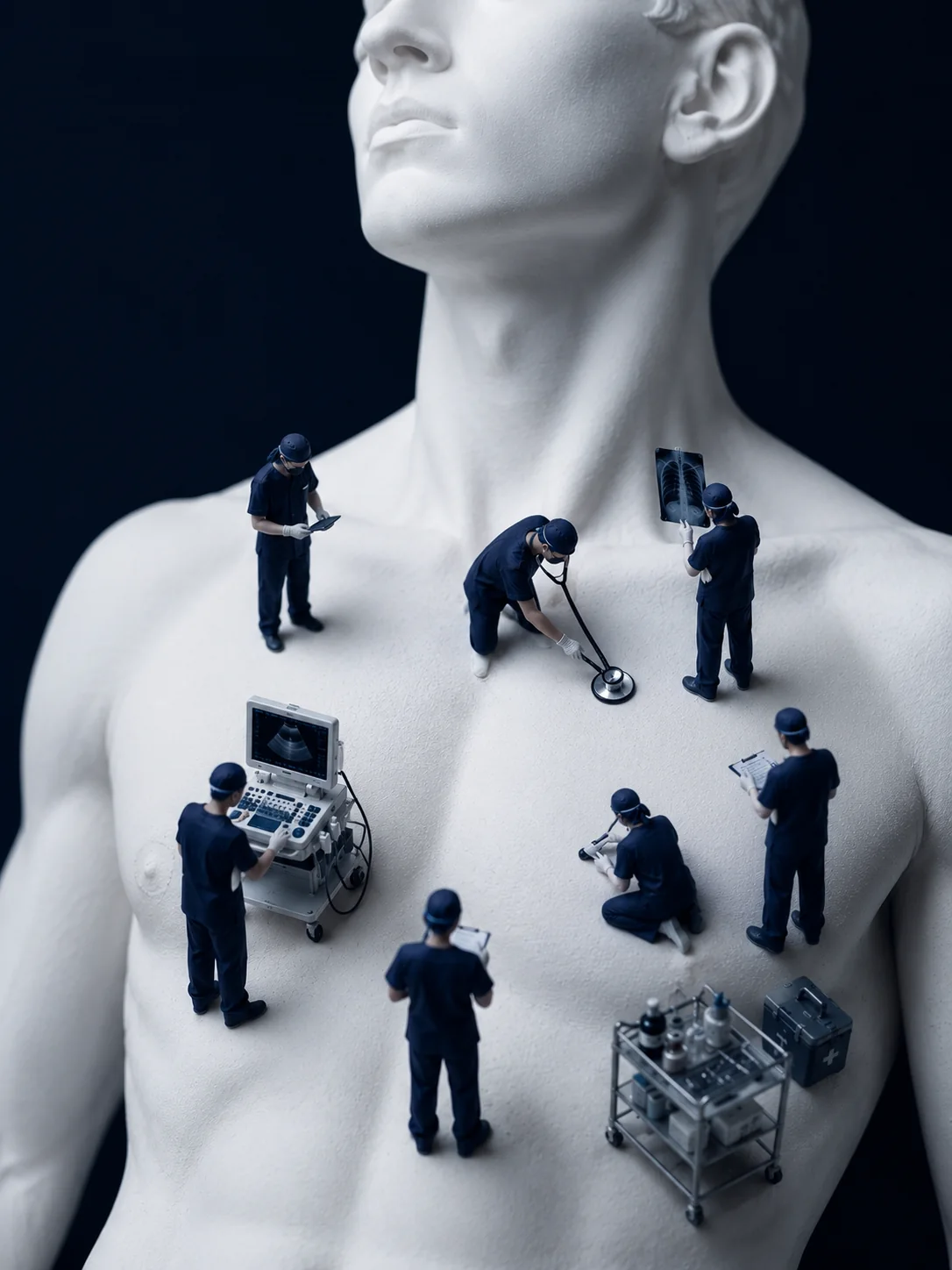 Médicos em miniatura examinando uma escultura de gesso de um corpo humano